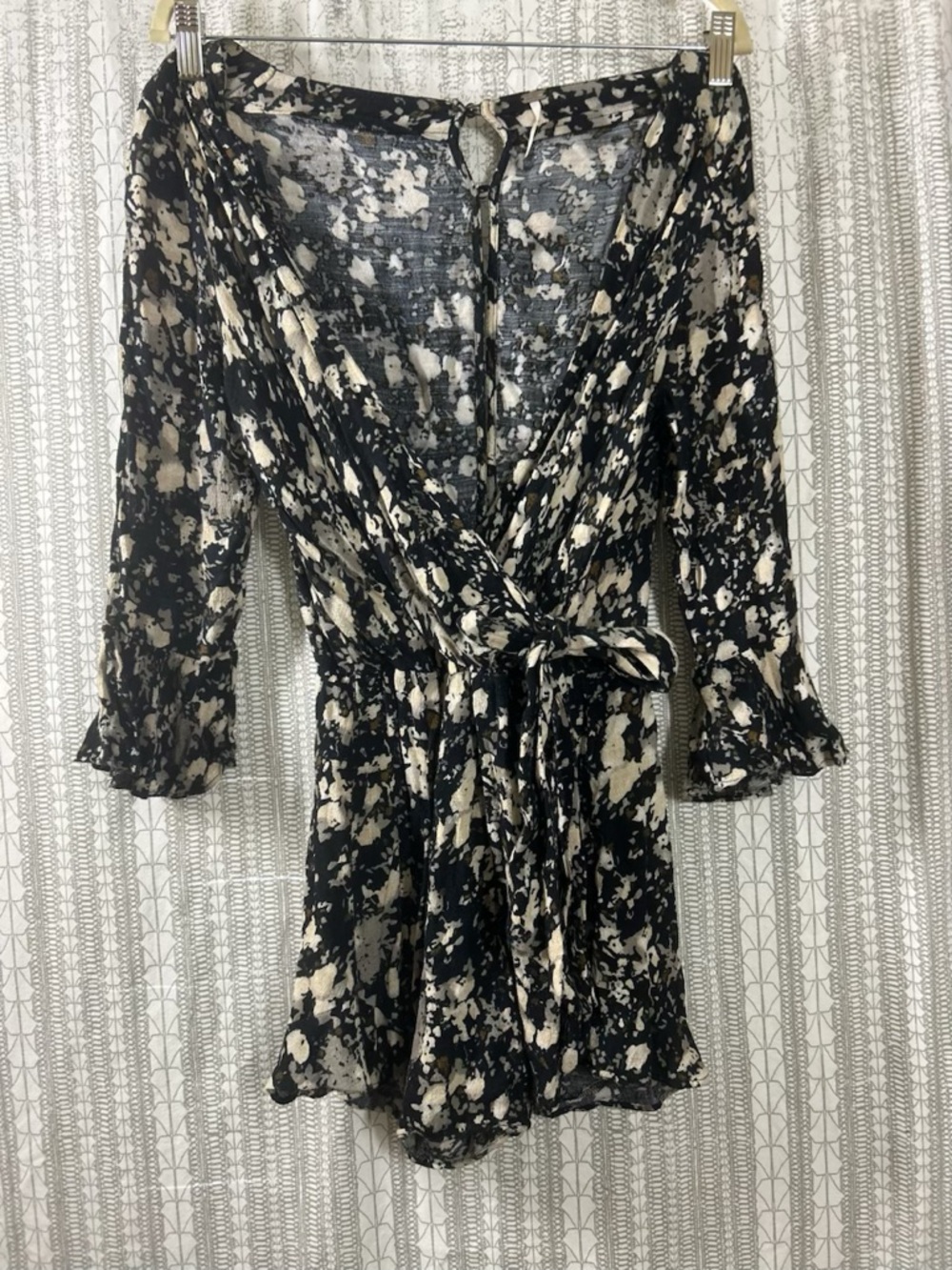 Free People Black and Cream Abstract Print Romper with Subtle Gold Accents